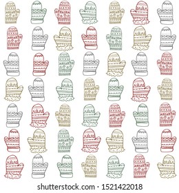 Seamless pattern. Warm winter knitted mittens for the new year. Scandinavian pattern. Vector hand drawn stock illustration. White isolated background. Patterned mittens. Line drawing. Doodles for the 