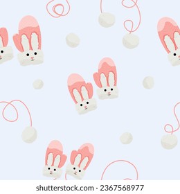 Seamless pattern of warm winter mittens. Mittens with bunny ears. Cute wool or knitted mittens for cold and frosty weather. Vector illustration.

