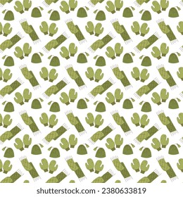 Seamless pattern with warm winter mittens, scarves and hats in green. Vector flat color illustration.