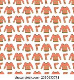 Seamless pattern with warm winter sweaters and socks with zigzag. Vector flat color illustration.