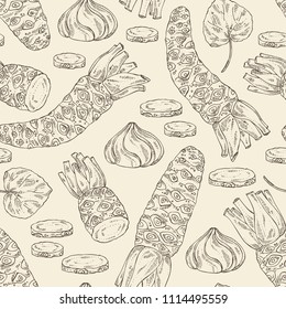Seamless pattern with wasabi: root, leaves and a piece of wasabi root. Vector hand drawn illustration.