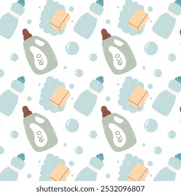 Seamless pattern with wash elements. Print wash laundry. Vector illustration. Flat style. Pattern with powder, washing gel, washing machine.