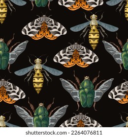 Seamless pattern with wasp, cockchafer, butterfly. Vector