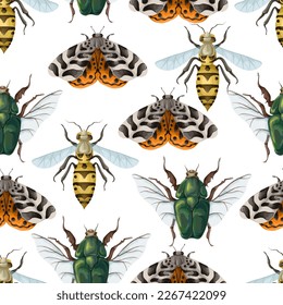 Seamless pattern with wasp, cockchafer, butterfly. Vector