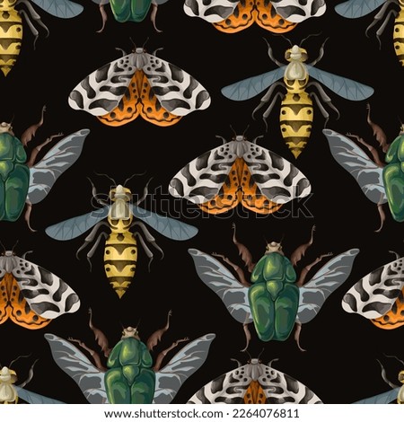 Seamless pattern with wasp, cockchafer, butterfly. Vector