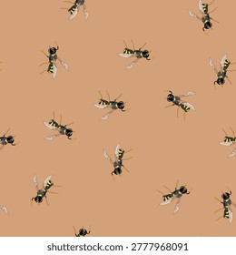 seamless pattern Wasp displaying its black and yellow striped body and delicate wings while hovering, conveying themes of nature, summer, and the biodiversity of insects