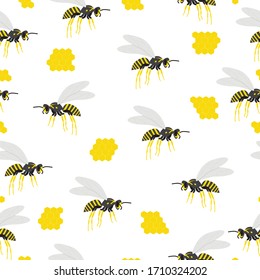 Seamless pattern with wasps and combs. Vector illustration