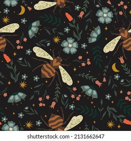 Seamless pattern with wasps and flowers. Vector graphics.