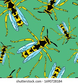 Patrón sin inconvenientes con avispas sobre un fondo verde. Huella abstracta adorable con insectos. Ilustración vectorial de material.