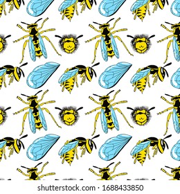 Seamless pattern with wasps on an isolated white background. Abstract cute print with insects. Stock vector illustration.