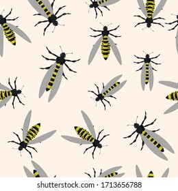 Seamless pattern with wasps on an isolated white background. Abstract cute print with insects. Stock vector illustration.