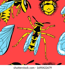 Seamless pattern with wasps on a red background. Abstract cute print with insects. Stock vector illustration.