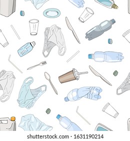 Seamless pattern with waste plastic isolated on white background. Different kinds of pollution garbage. Concept of Recycles Day, World Cleanup day.  Vector hand drawn collection of trash.