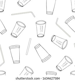 Seamless pattern with waste plastic isolated on white background. Different kinds of pollution garbage. Concept of Recycles Day, World Cleanup day.  Vector hand drawn collection of trash.