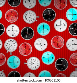 Seamless pattern with watch symbol on red, 10eps.