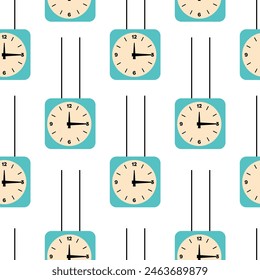 Seamless pattern with watches. Cartoon analog and modern timepieces. Digital interior chronometers. Retro alarm clock bright colours, modern design. Vector illustration isolated on background