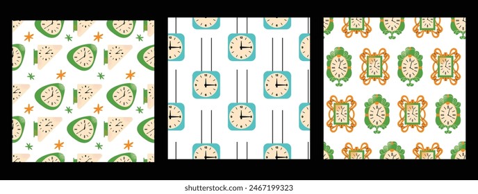 Seamless pattern with watches. Cartoon analog and modern timepieces. Digital interior chronometers. Retro alarm clock bright colours, modern design. Vector illustration isolated on background