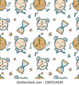Seamless pattern with watches, hourglasses and clocks. Fine for stationery, wrapping paper, textile print.