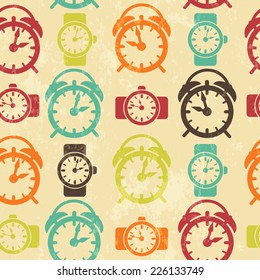 Seamless pattern with watches in vintage style.Vector illustration. Retro background. Hipster. 