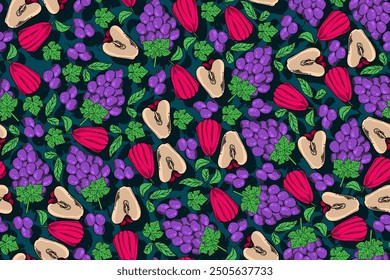 Dibujo de Vector de manzana y uva de agua sin patrón