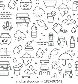 Seamless pattern with water. Black and white thin line icons
