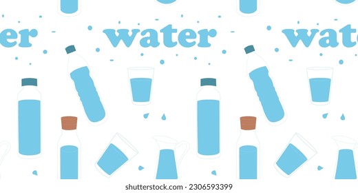 Seamless pattern with water bottles and a glass of water. a short phrase. H2O for health.