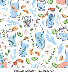 Seamless pattern with water in bottles, glasses. Repeating texture with detox fruit drinks print. Endless background with healthy summer lemonades, ice, cucumber. Colored flat vector illustration