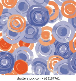 Seamless pattern from water color circles. Transparent background. Blue, red picturesque spots.