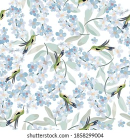 Nahtlose Muster Aquarell hellblaue Blüte mit Blättern und summendem Vogel, Vektordoodle Comic Art.