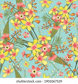 Seamless pattern water color red yellow flower with green leaf .