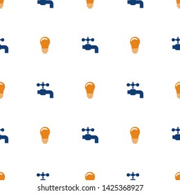 Seamless pattern with water crane and lightbulb on white background. Flat style icon of utilities. Symbol of light. Vector illustration for design, web, wrapping paper, fabric, wallpaper.