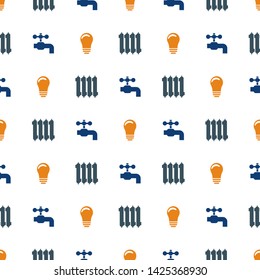 Seamless pattern with water crane, lightbulb and radiator on white background. Flat style icon of utilities. Symbol of light. Vector illustration for design, web, wrapping paper, fabric, wallpaper.