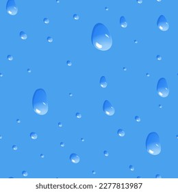 Patrón sin foco con gotas de agua sobre fondo azul. Las gotas líquidas con resaltado fluyen hacia abajo. Textura de superficie húmeda. Ilustración del vector