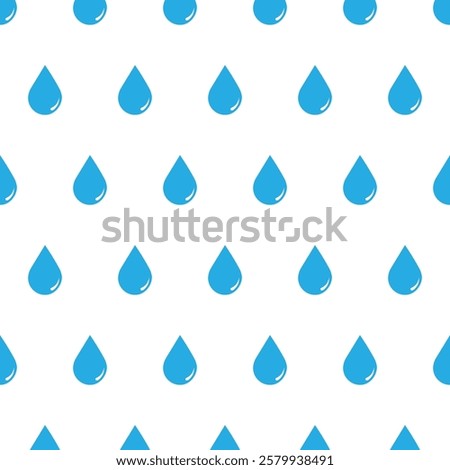 Seamless pattern of water drops on a white background. The drops are various sizes and shapes, and they are arranged in a random order. 