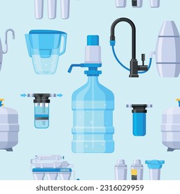 Seamless Pattern With Water Filters. Design Featuring Repeating Motif Of Water Filtration Equipment, Vector Illustration