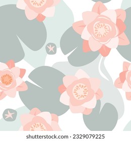 Seamless pattern with water flowers, water lilies, lotuses and leaves. Summer natural ornament. Vector graphics.