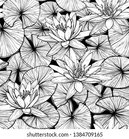 Seamless pattern with water lilies. Black and white. Vector illustration.