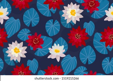 Seamless pattern with water lilies . Botanical texture with Lotus flowers in the pond. The view from the top. Floral Wallpaper, print, template for posters, fabrics, Wallpaper. Vector illustration.