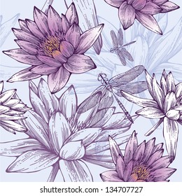 Seamless pattern with water lilies and dragonflies. Vector illustration.