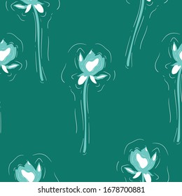Seamless pattern with water lilies floating on the water. Vector abstract texture in turquoise tones with white.
Print for textiles, fabrics, backgrounds, accessories, wrapping paper, wallpaper.