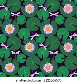 seamless pattern with water lilies. floral ornament. light flowers on a dark background. bright floral pattern. vector illustration