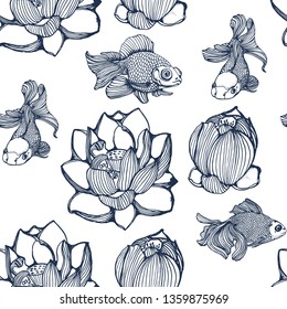 seamless pattern with water lilies and Golden fish, vector illustration hand drawing
