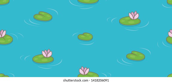 Seamless pattern with water lilies and green leaves. isolated on blue background