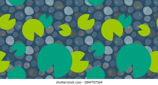 seamless pattern with water lilies in the pond. pebbles, modern abstract design for background, packaging paper, cover, fabric, card