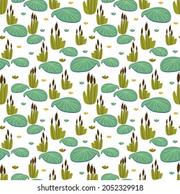 Seamless pattern with water lilies and reeds on the pond. Vector pattern. Texture for fabric, clothing, wallpaper, wrapping paper, stationery.