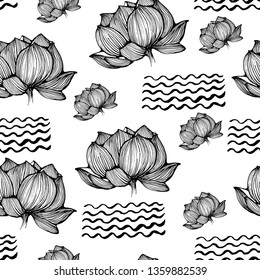 seamless pattern ,water lilies, vector, hand drawing