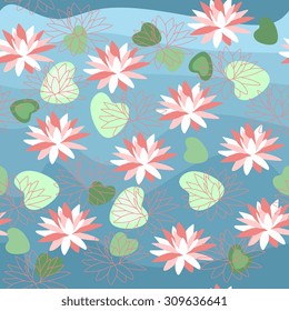 Seamless pattern with water lilies. Vector illustration of beautiful pink flowers. 