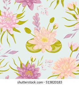 Seamless pattern with water lily. Collection floral decorative design elements. Flowers, leaves and buds. Vintage hand drawn vector illustration in watercolor style.