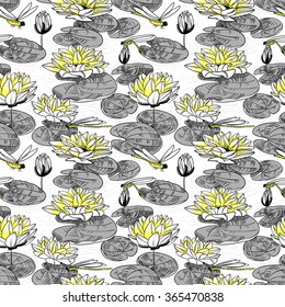 Seamless pattern with a water lily and dragonfly
