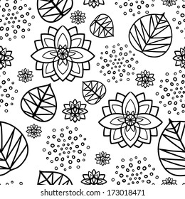 Seamless pattern with water lily flowers and leaves in black and white. Hand drawing - vector 
